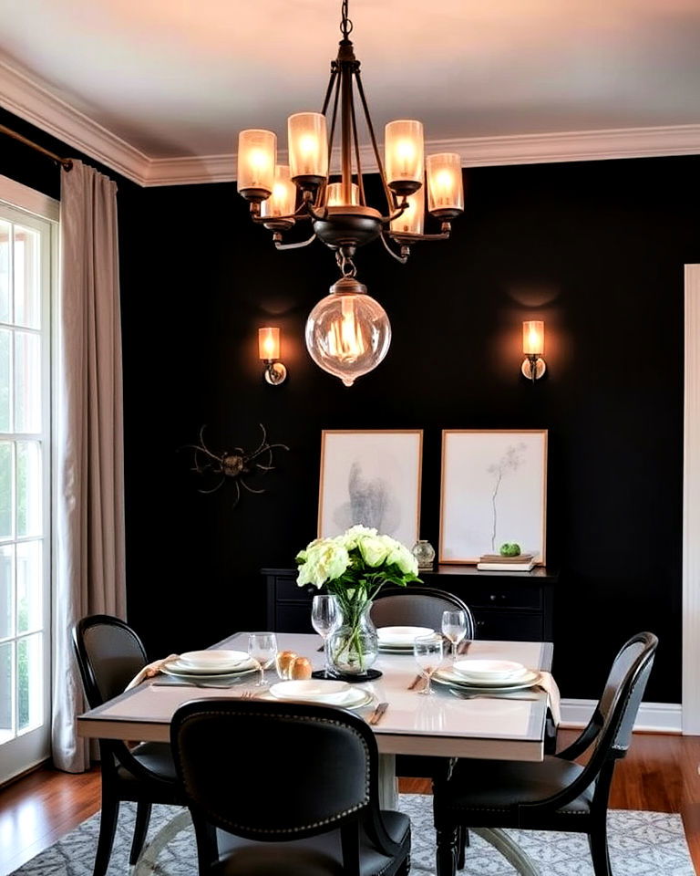 black accent wall dining room with warm lighting - 20 Black Accent Wall Dining Room Ideas