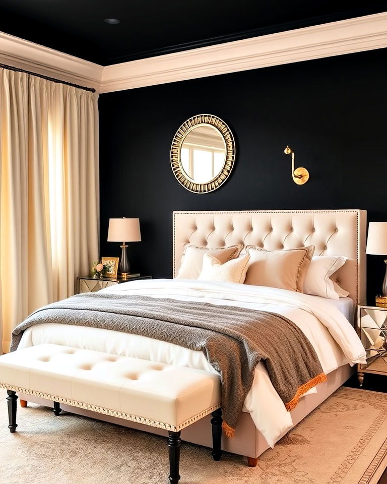 black accent wall for cream bedroom - 35 Cream and Black Bedroom Ideas
