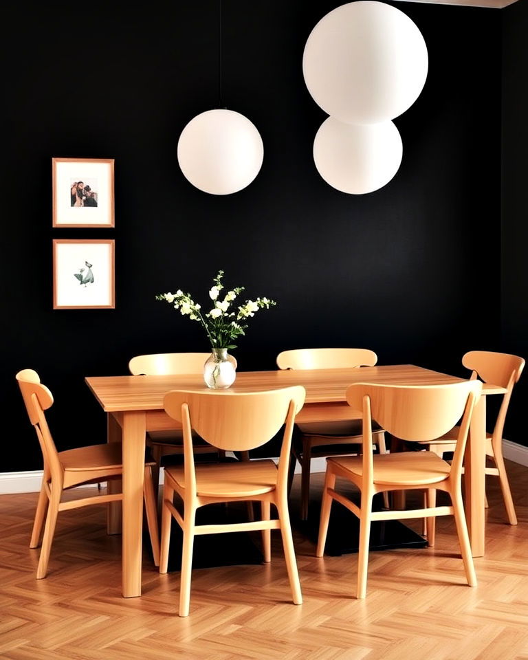 black accent wall light wood dining table - 20 Black Accent Wall Dining Room Ideas