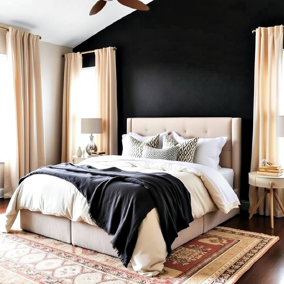 black accent wall with beige textiles - 20 Black and Beige Bedroom Design Ideas