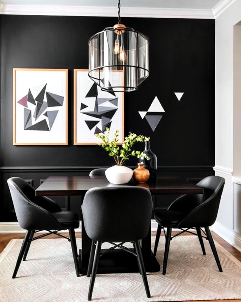 black accent wall with geometric patterns - 20 Black Accent Wall Dining Room Ideas