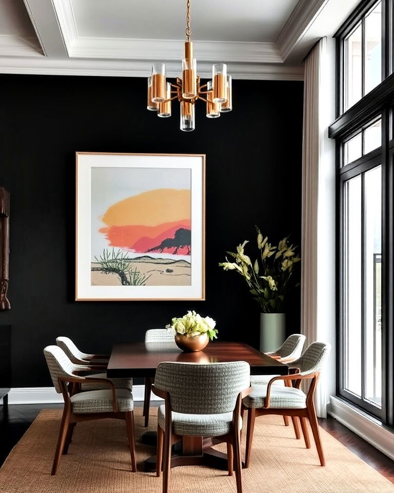 black accent wall with large artwork for dining room - 20 Black Accent Wall Dining Room Ideas