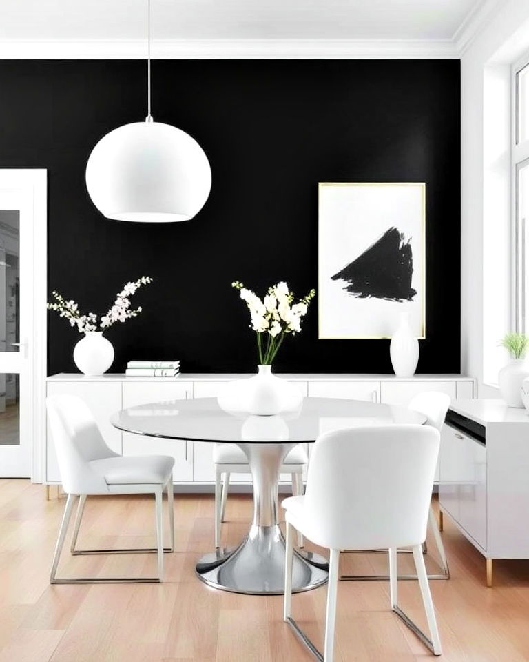 black accent wall with minimalist white furnishing - 20 Black Accent Wall Dining Room Ideas