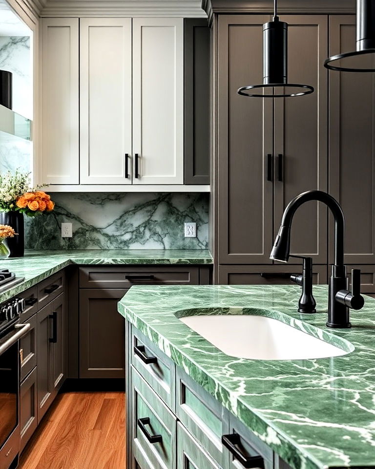 black accents and green marble kitchen countertops - 30 Black and Green Kitchen Ideas