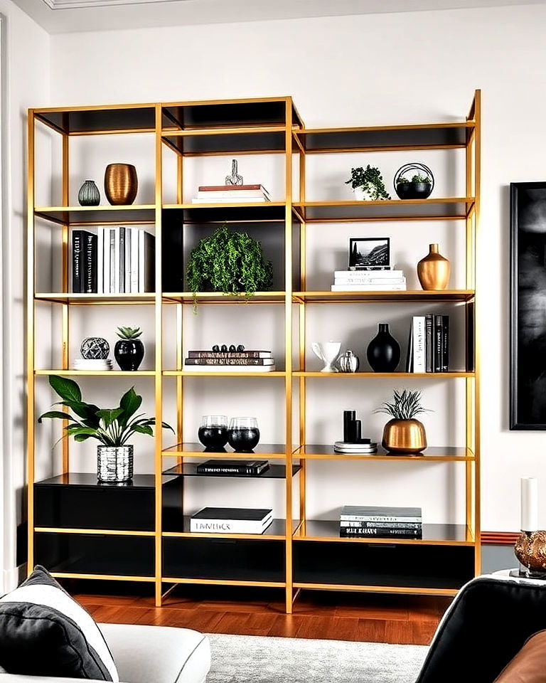 black accents for metallic gold shelving - 40 Black and Gold Living Room Ideas