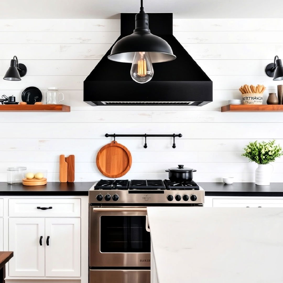 black accents for white shiplap wall - 40 Black and White Kitchen Ideas