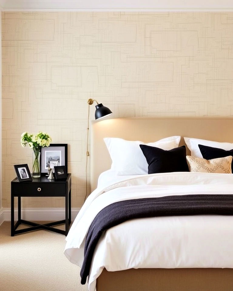 black accents with cream textured wallpaper - 35 Cream and Black Bedroom Ideas