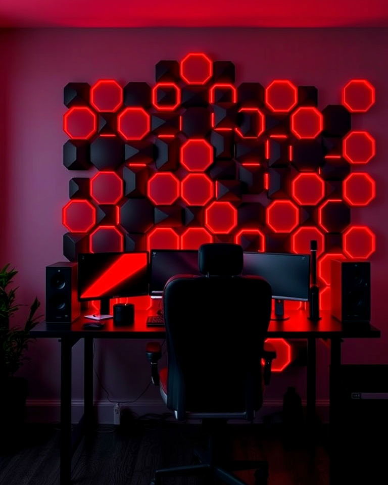 black accessories and bold red led wall panels - 20 Red and Black Gaming Setup Ideas