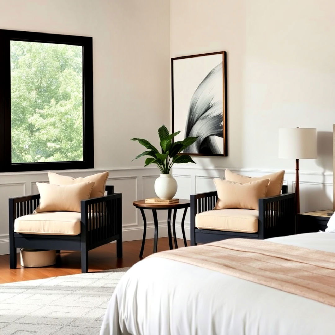 black and beige bedroom design with accent chairs - 20 Black and Beige Bedroom Design Ideas
