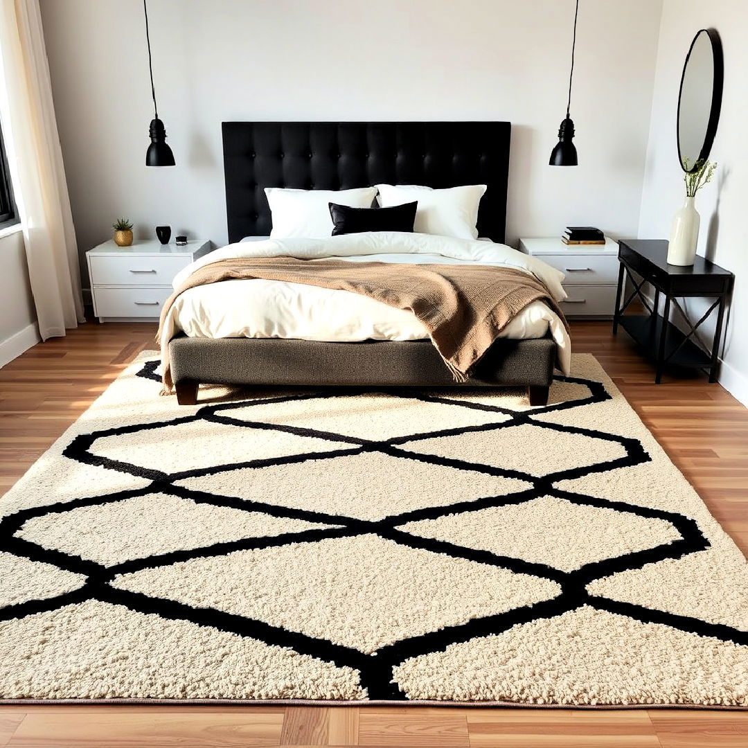 black and beige geometric patterned rug - 20 Black and Beige Bedroom Design Ideas