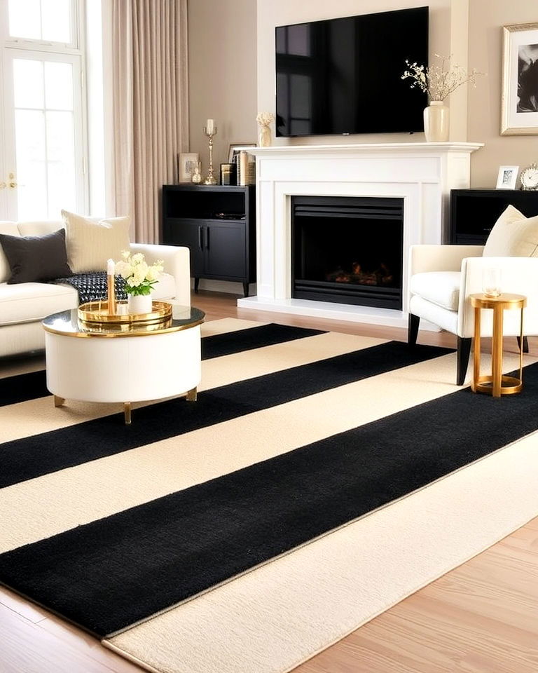 black and beige striped rug for living room - 30 Black and Beige Living Room Ideas