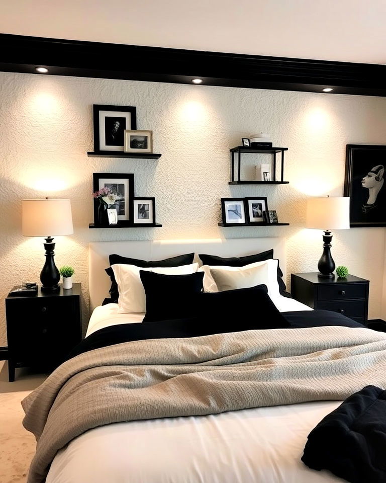 black and cream bedroom with textured cream walls - 35 Cream and Black Bedroom Ideas