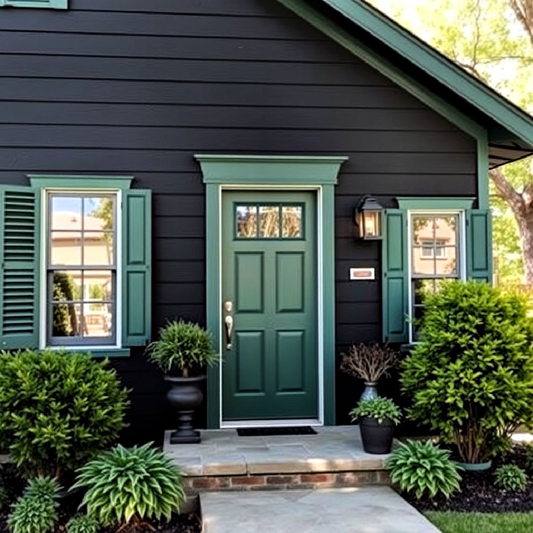 black and dark green exterior for nature inspired look - 40 Black Modern Farmhouse Exterior Design Ideas