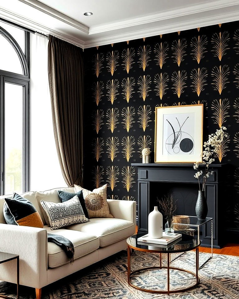 black and gold accent wallpaper - 40 Black and Gold Living Room Ideas