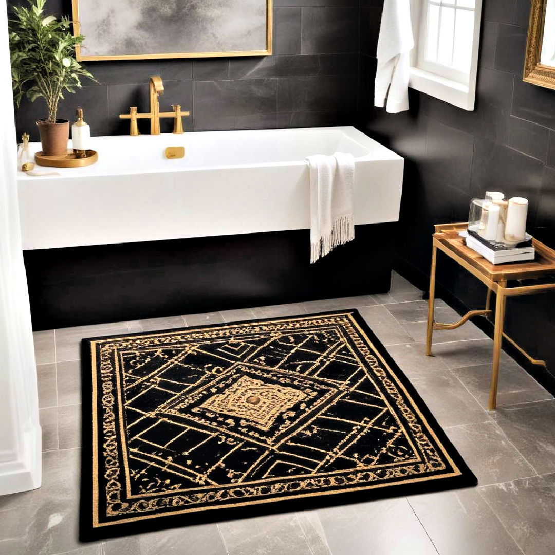 black and gold bathroom with patterned rug - 20 Black and Gold Bathroom Ideas
