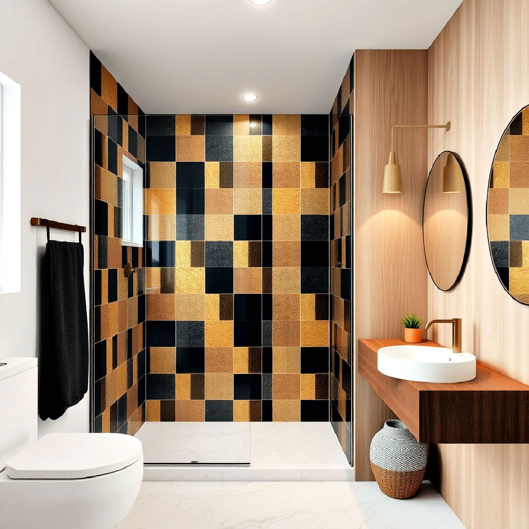 black and gold color blocking tiles for walk in shower - 30 Walk-in Shower Tile Ideas
