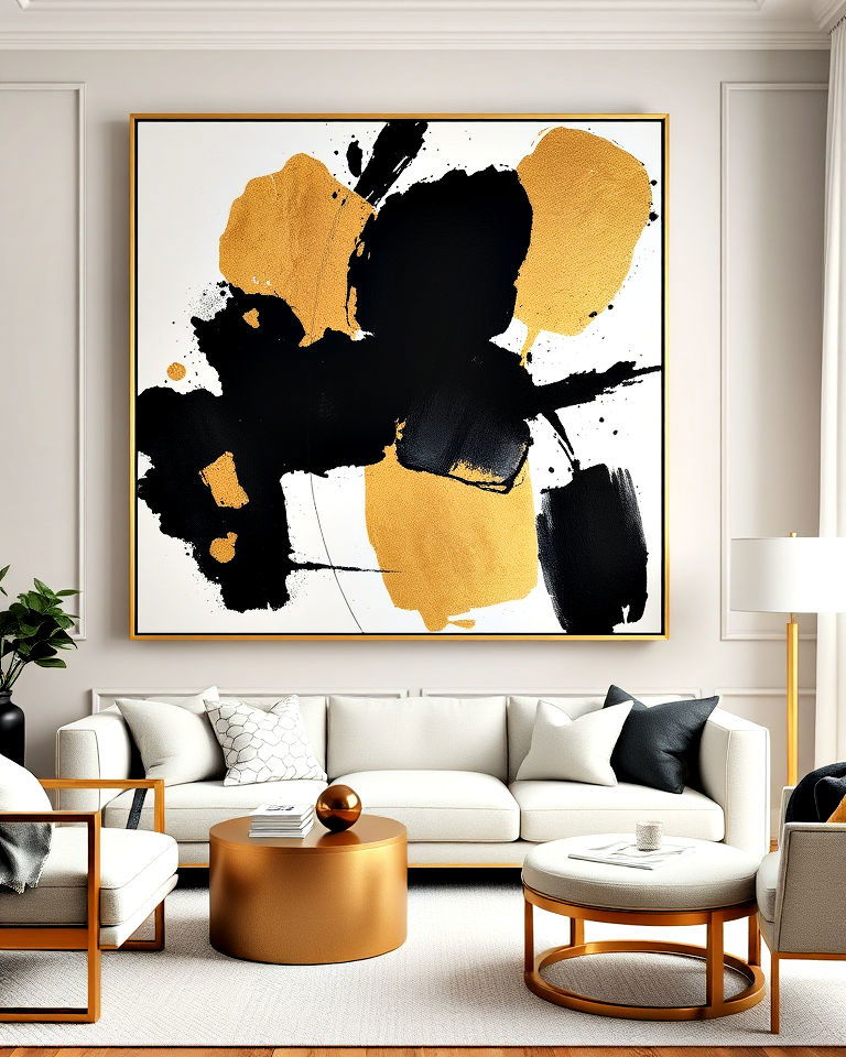 black and gold living room with abstract art - 40 Black and Gold Living Room Ideas
