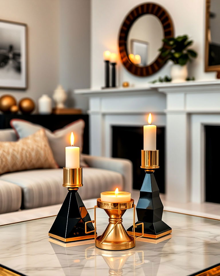 black and gold living room with candleholders - 40 Black and Gold Living Room Ideas