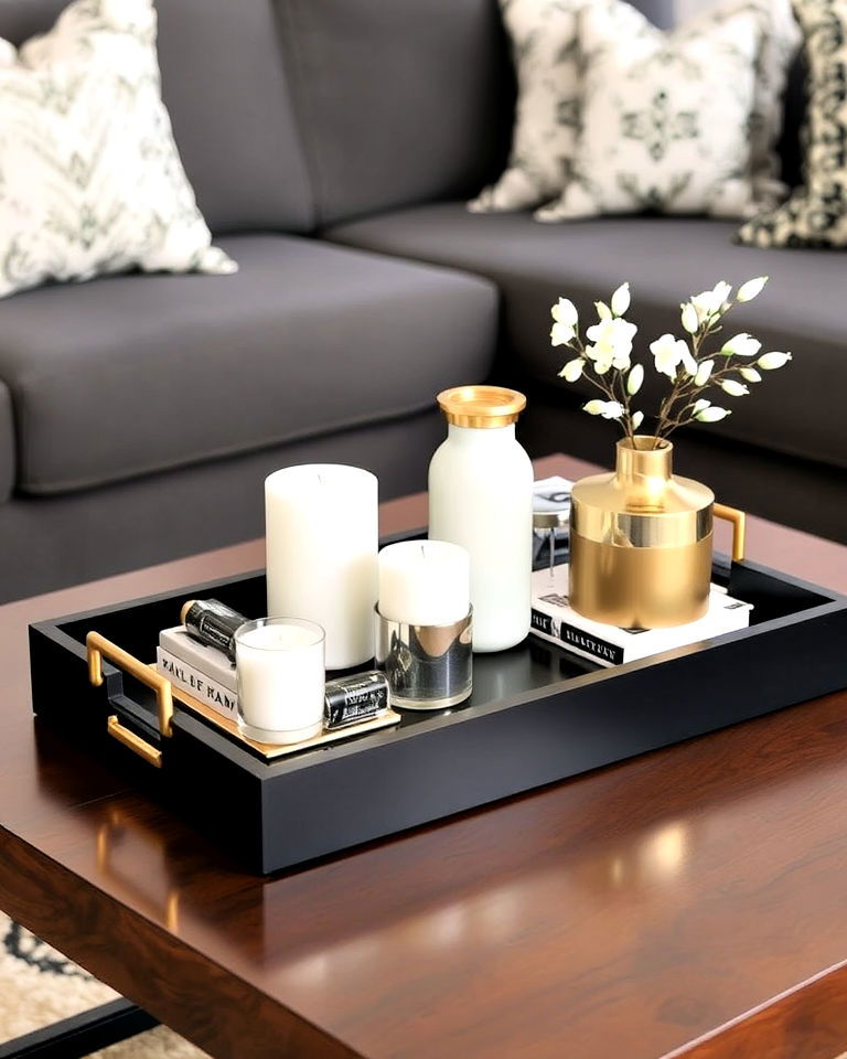 black and gold living room with decorative tray - 40 Black and Gold Living Room Ideas
