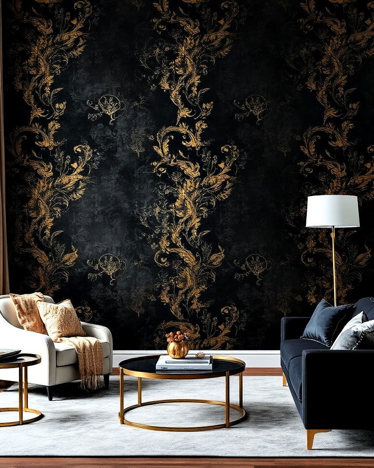 black and gold living room with textured wallpaper - 40 Black and Gold Living Room Ideas