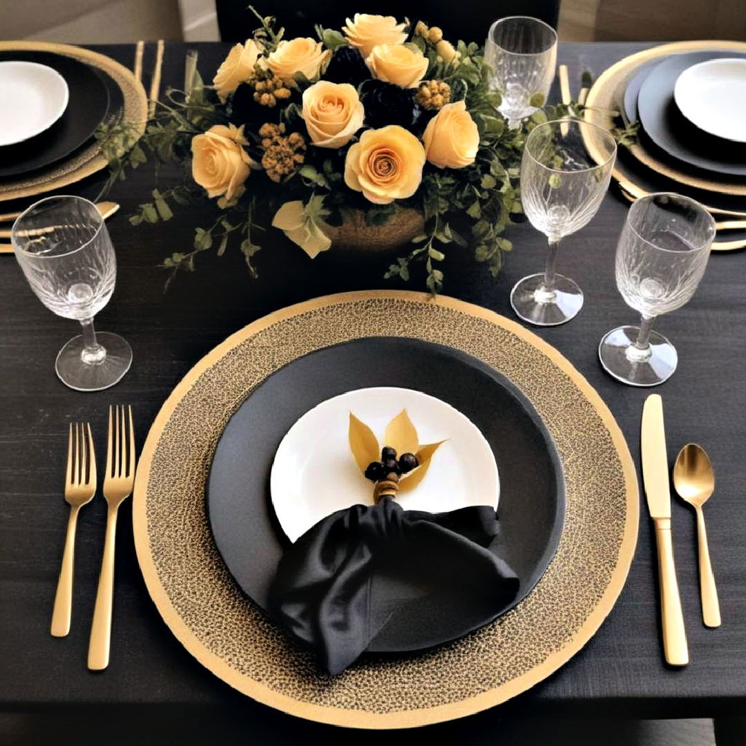 black and gold textured place setting - 20 Black and Gold Centerpiece Ideas