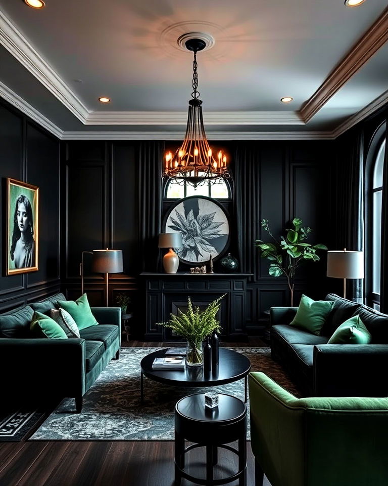 black and green living room with dramatic lighting - 30 Black and Green Living Room Ideas