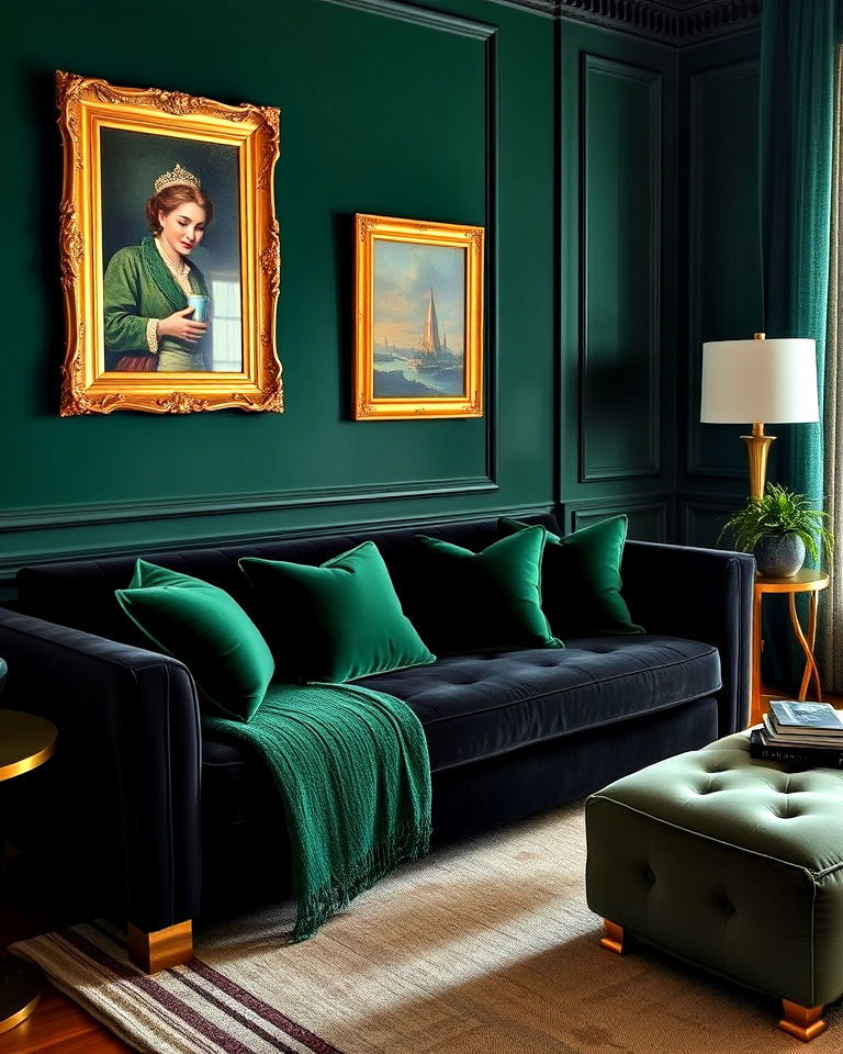 black and green living room with gold highlights - 30 Black and Green Living Room Ideas