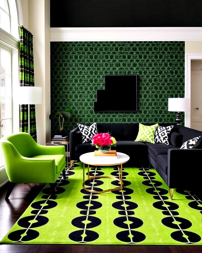 black and green living room with striking patterns - 30 Black and Green Living Room Ideas