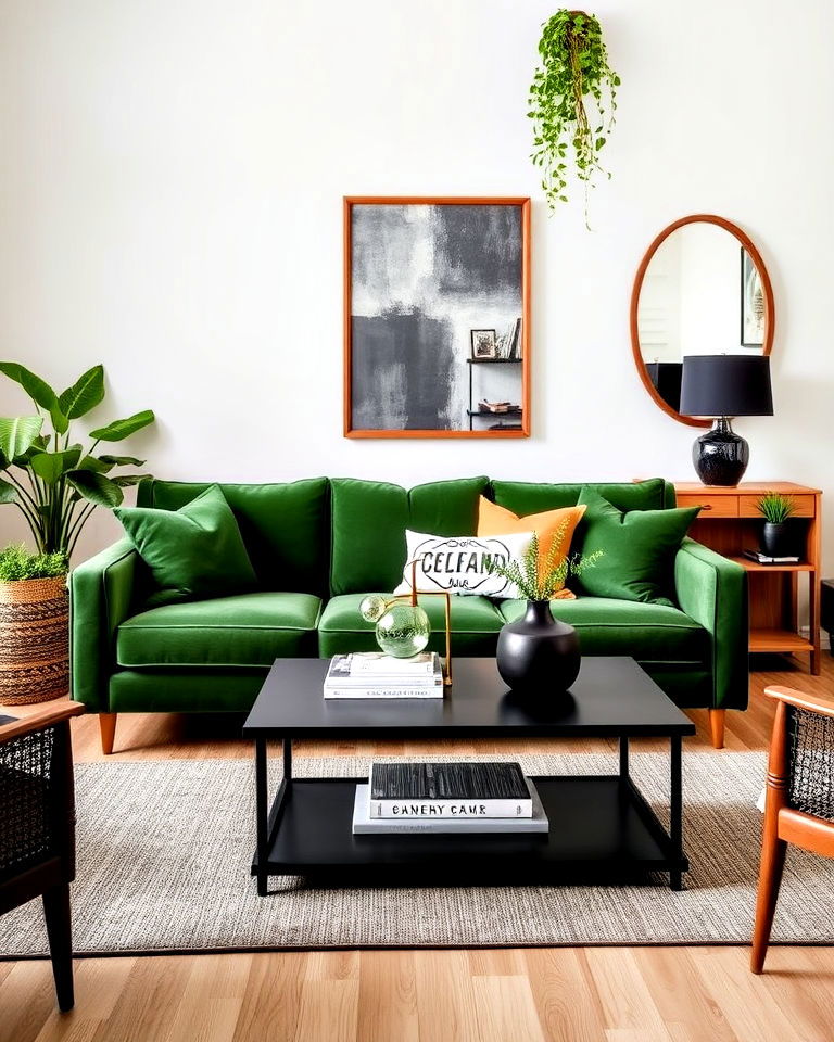 black and green with natural wood elements - 30 Black and Green Living Room Ideas