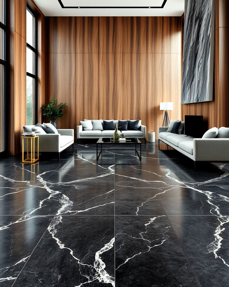 black and grey marble mix flooring - 25 Black Floor Living Room Ideas