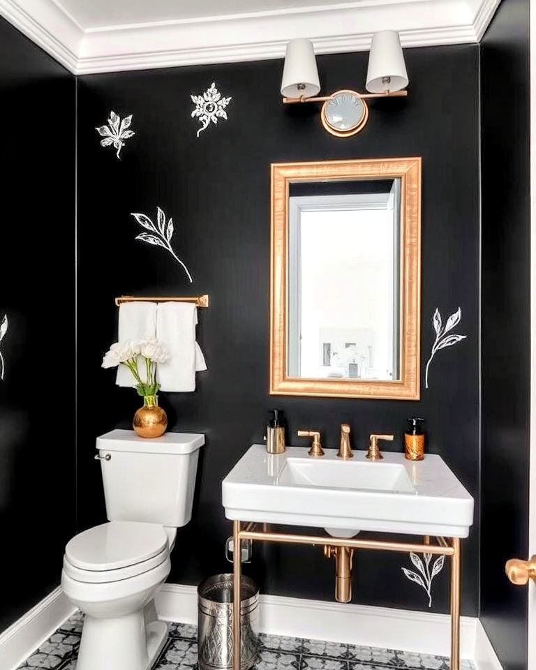 black and metallic accent wall for powder room - 25 Black Powder Room Ideas