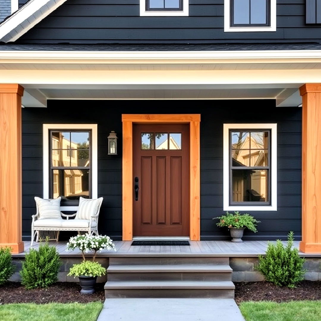 black and natural wood contrast - 40 Black Modern Farmhouse Exterior Design Ideas