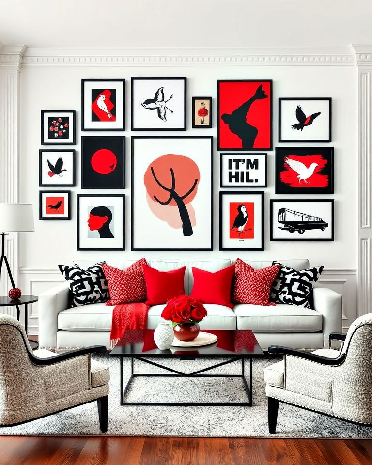 black and red art gallery wall for living room - 25 Black and Red Living Room Ideas