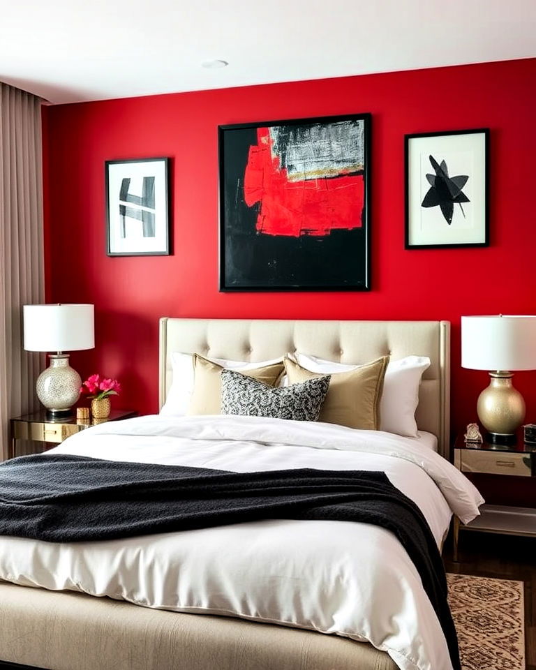black and red bedroom with art pieces - 25 Red and Black Bedroom Ideas