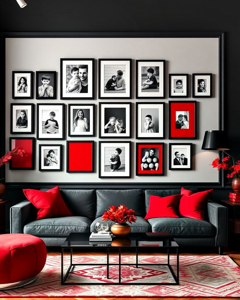 black and red gallery wall for living room - 25 Black and Red Living Room Ideas