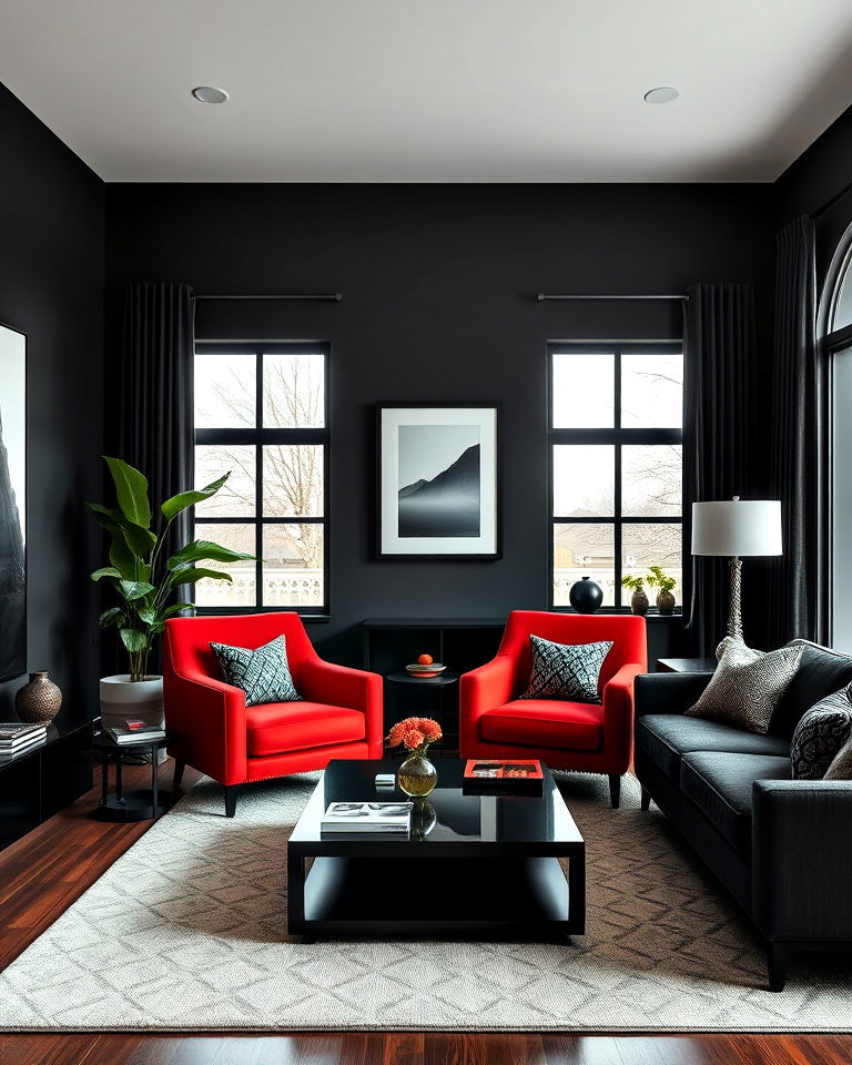 black and red living room with accent chairs - 25 Black and Red Living Room Ideas