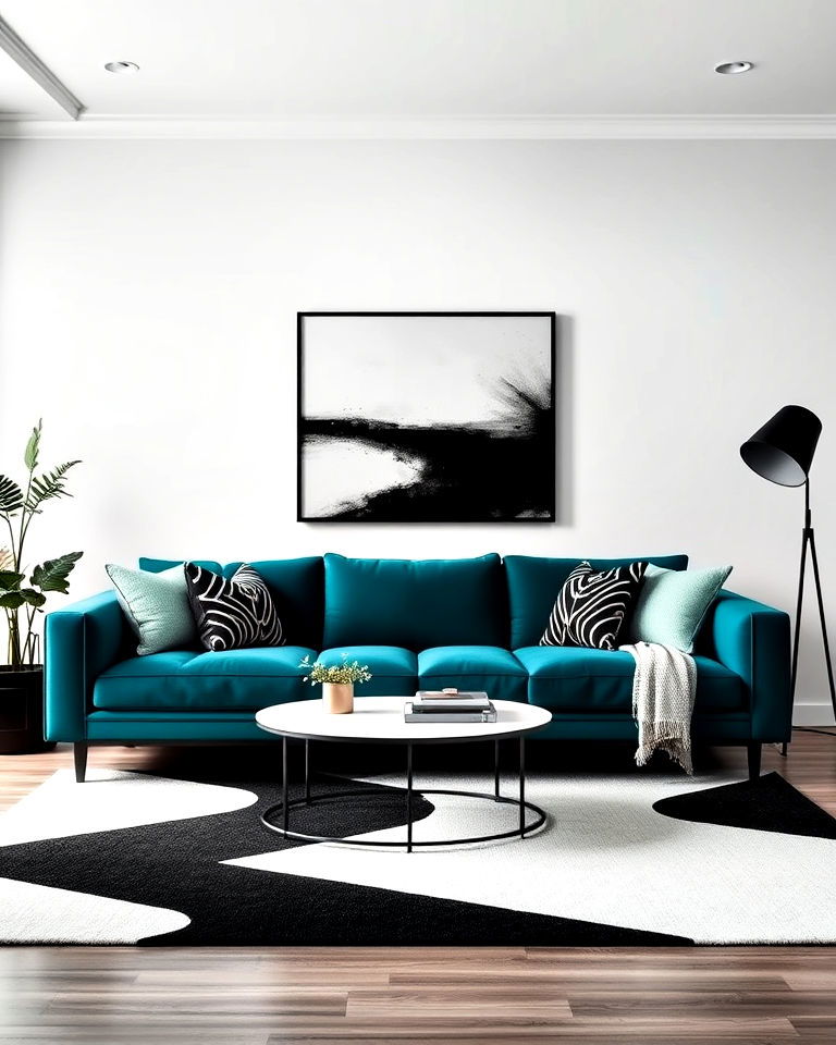 black and white backdrop for teal couch - 20 Teal Couch Living Room Ideas