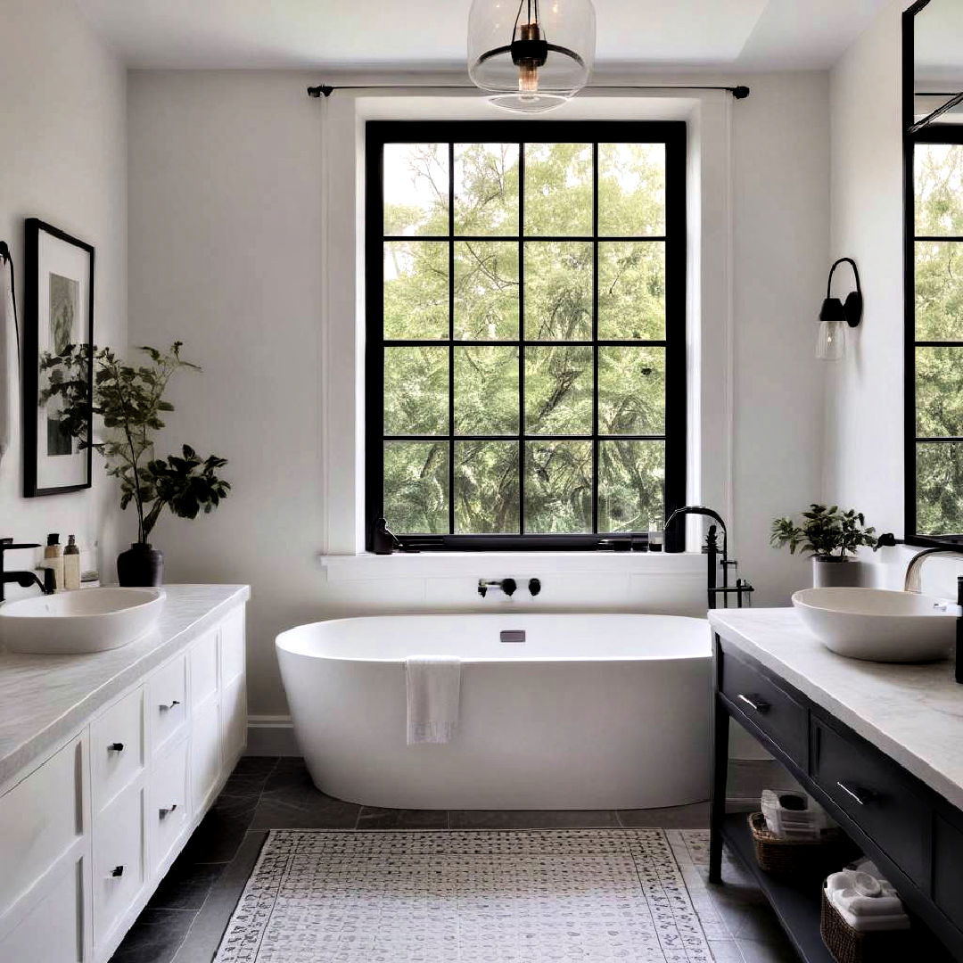 black and white bathroom with black window frame - 40 Black and White Bathroom Ideas