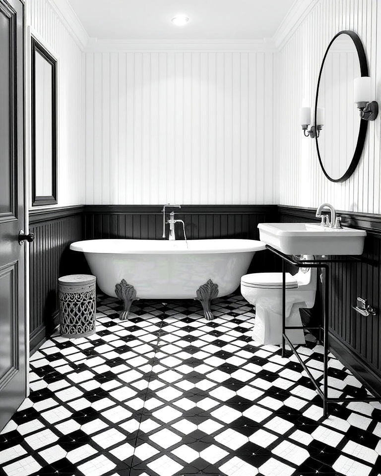 black and white bathroom with diamond tile pattern - 20 Black and White Bathroom Tile Ideas