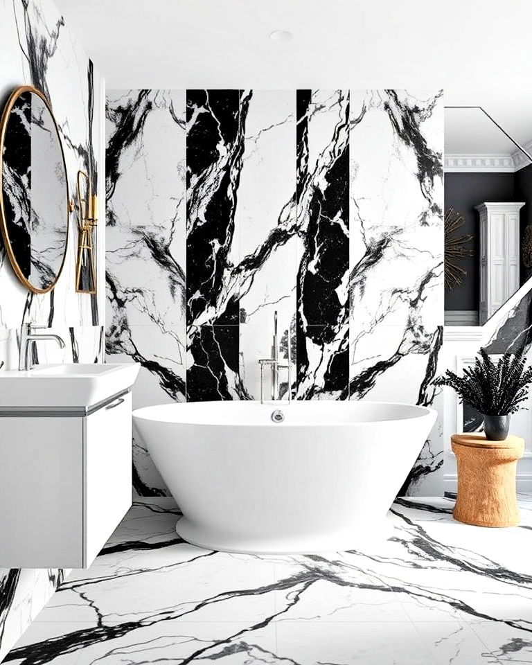 black and white bathroom with marble effect tiles - 20 Black and White Bathroom Tile Ideas