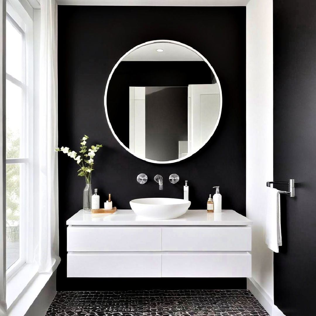 black and white bathroom with white floating vanity - 40 Black and White Bathroom Ideas