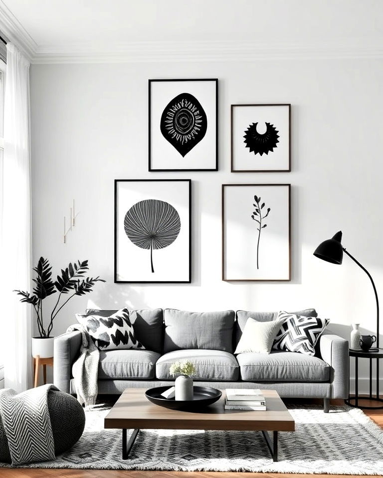 black and white bohemian inspired artwork - 20 Black and White Boho Living Room Ideas