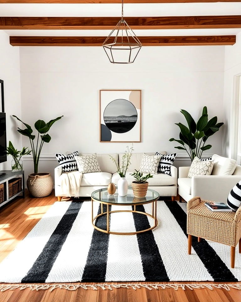 black and white boho living room with striped patterns - 20 Black and White Boho Living Room Ideas