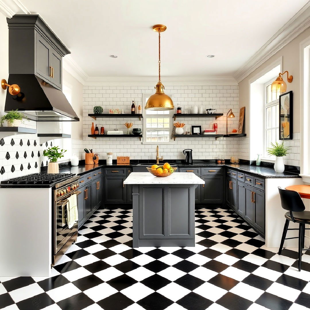 black and white checkerboard flooring for kitchen - 25 Black White and Gold Kitchen Ideas