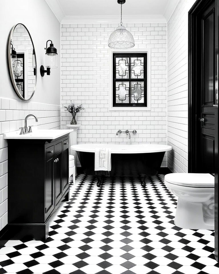 black and white checkered pattern bathroom flooring - 20 Black Floor Bathroom With White Walls Ideas