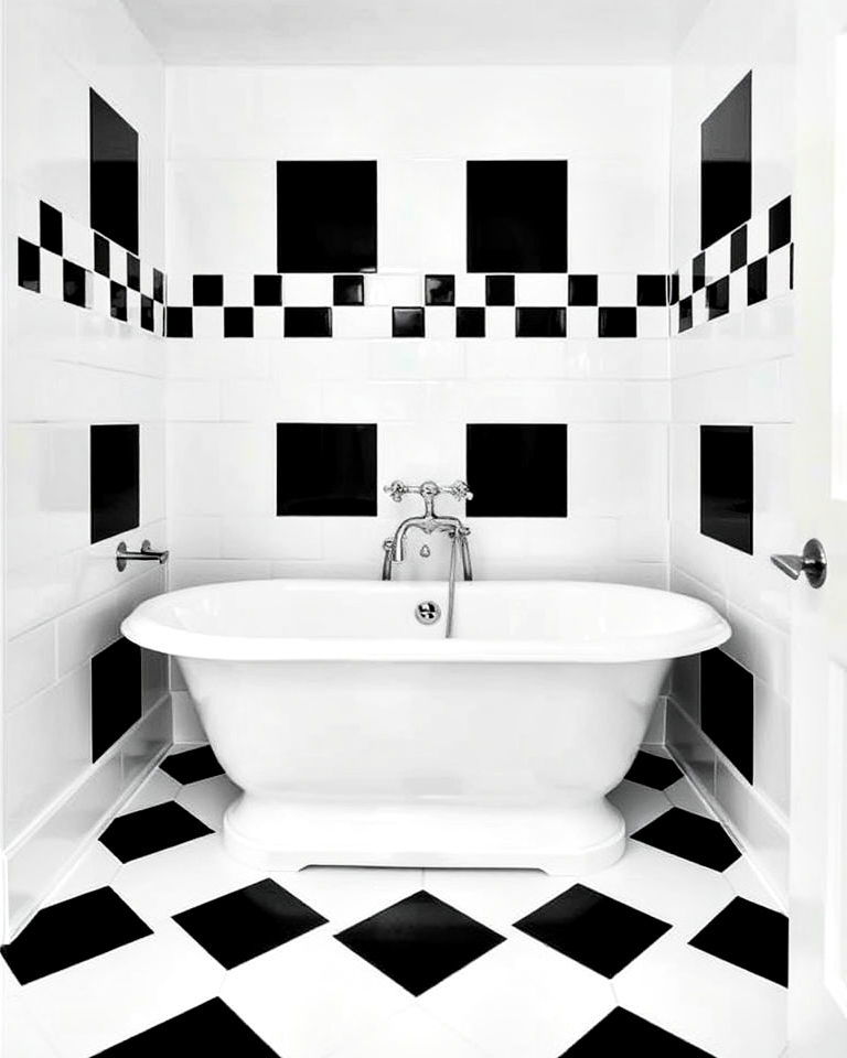 black and white checkered tiles around bathtub - 40 Bathtub Tile Ideas