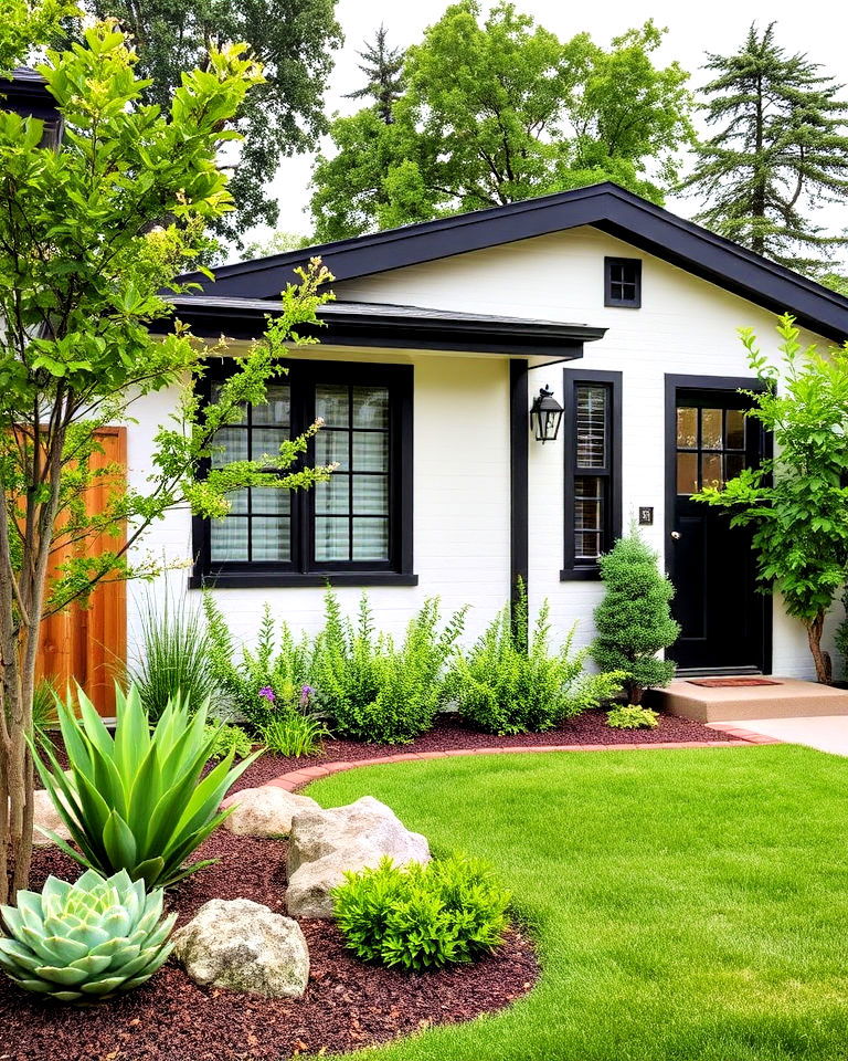 black and white color scheme with natural landscaping - 30 Single Story White House Black Trim