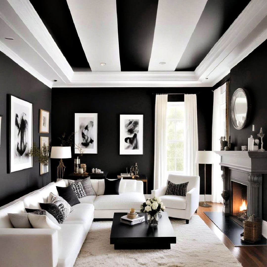 black and white dynamic ceiling - 30 Black and White Living Room Ideas