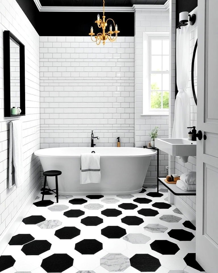 black and white geometric hexagon tiles - 20 Black and White Bathroom Tile Ideas