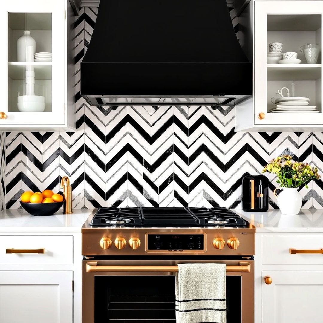 black and white herringbone backsplash with gold accents - 25 Black White and Gold Kitchen Ideas